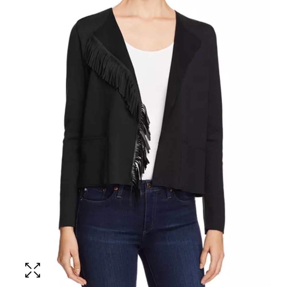 Majestic Filatures leather trim black merino wool cardigan size XS/S